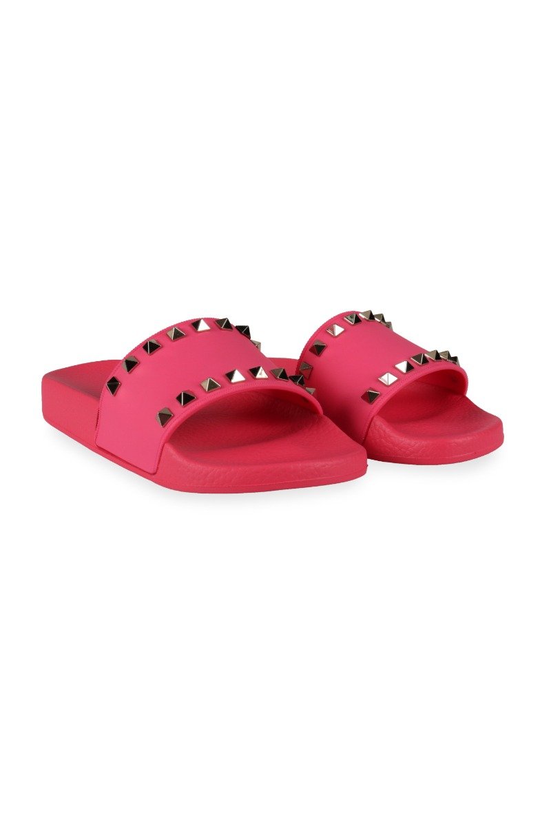 Pvc Rockstud Pool Slide Women Fashion Valentino Calfskin-Leather Slipper Pink