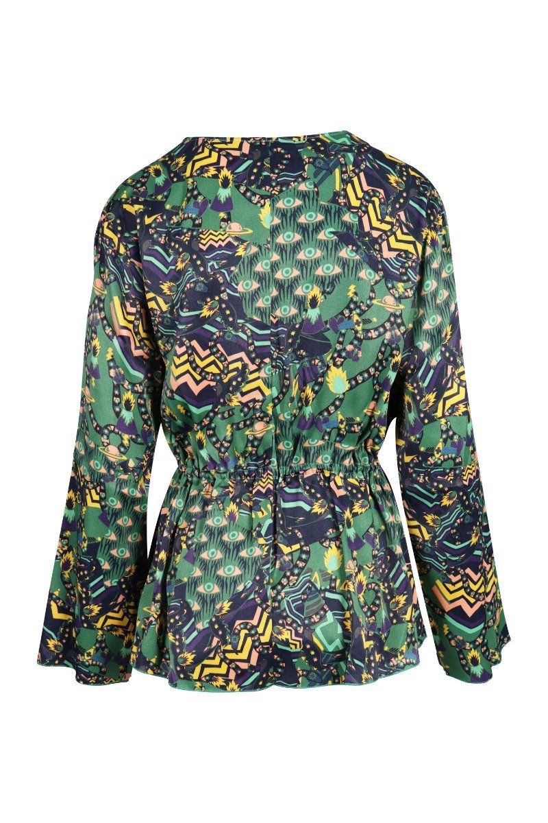 Evil Eyes Blouse V Neck Ladies Women Long Sleeves Floral Prints Pattern