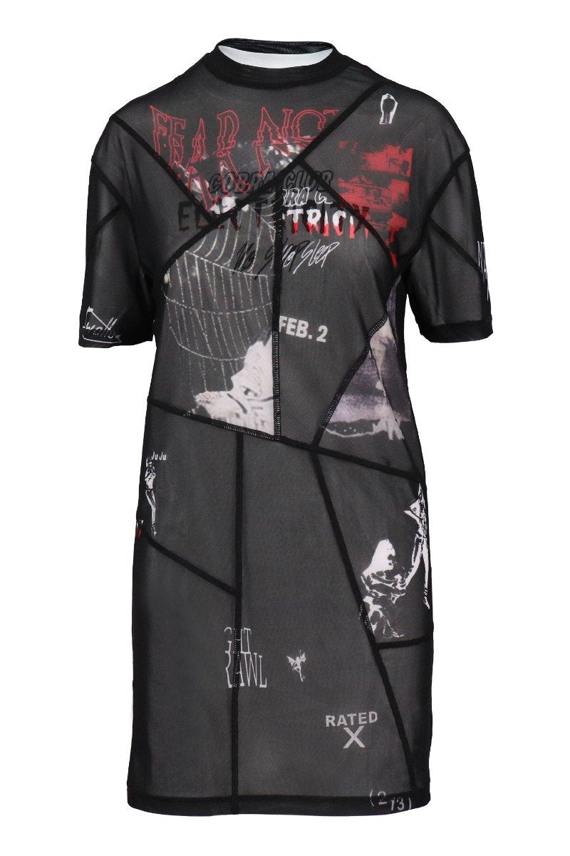 Punk Patchwork T-Shirt Dress Women Fashion MCQ Polyester Short-sleeve Stretchable Mesh Jersey Stylish