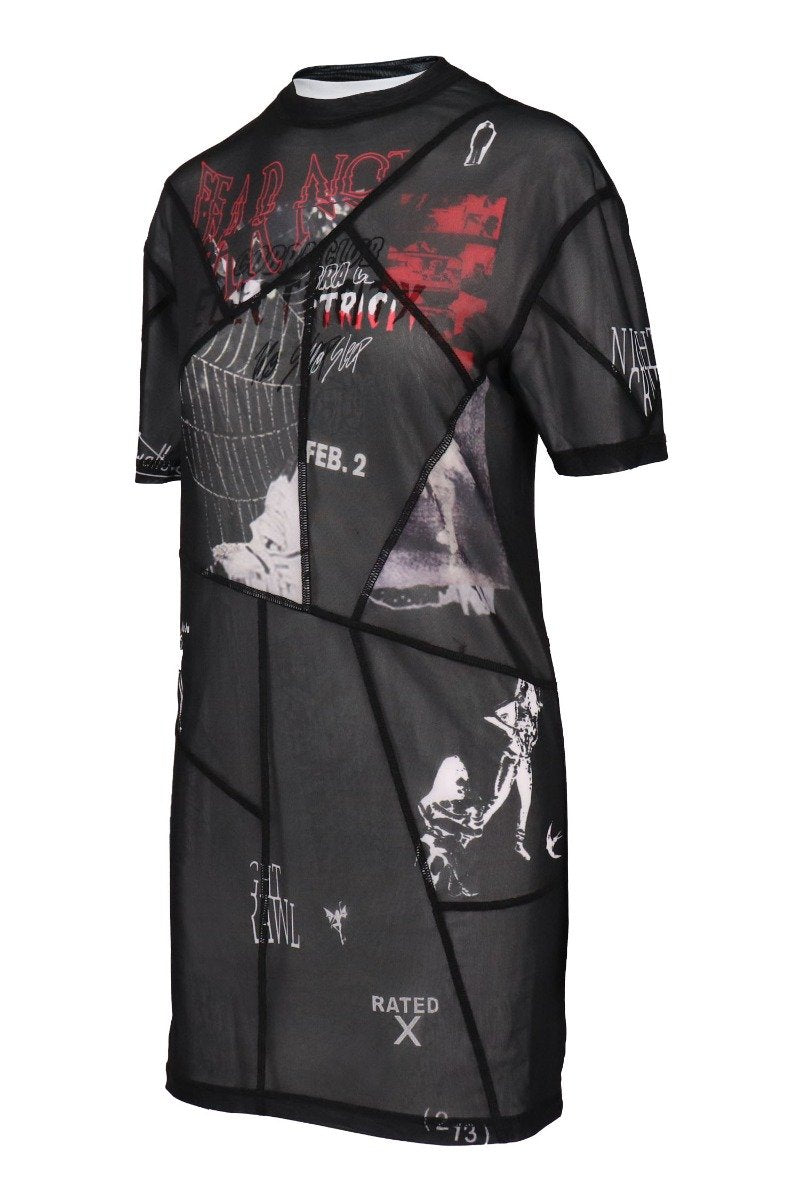 Punk Patchwork T-Shirt Dress Women Fashion MCQ Polyester Short-sleeve Stretchable Mesh Jersey Stylish