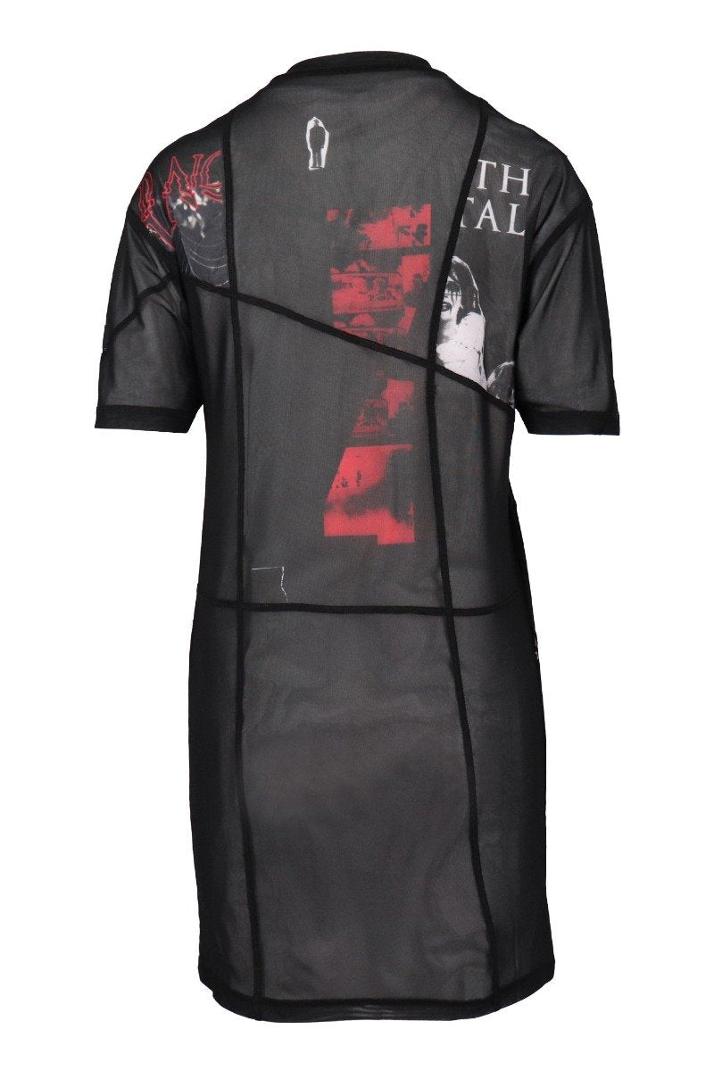 Punk Patchwork T-Shirt Dress Women Fashion MCQ Polyester Short-sleeve Stretchable Mesh Jersey Stylish