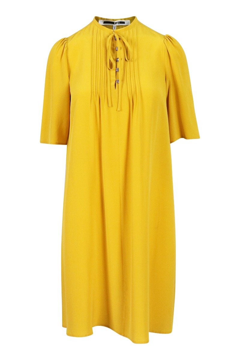 Pintuck Dress Women Fashion MCQ Silk Elbow-Sleeve Casual Designer